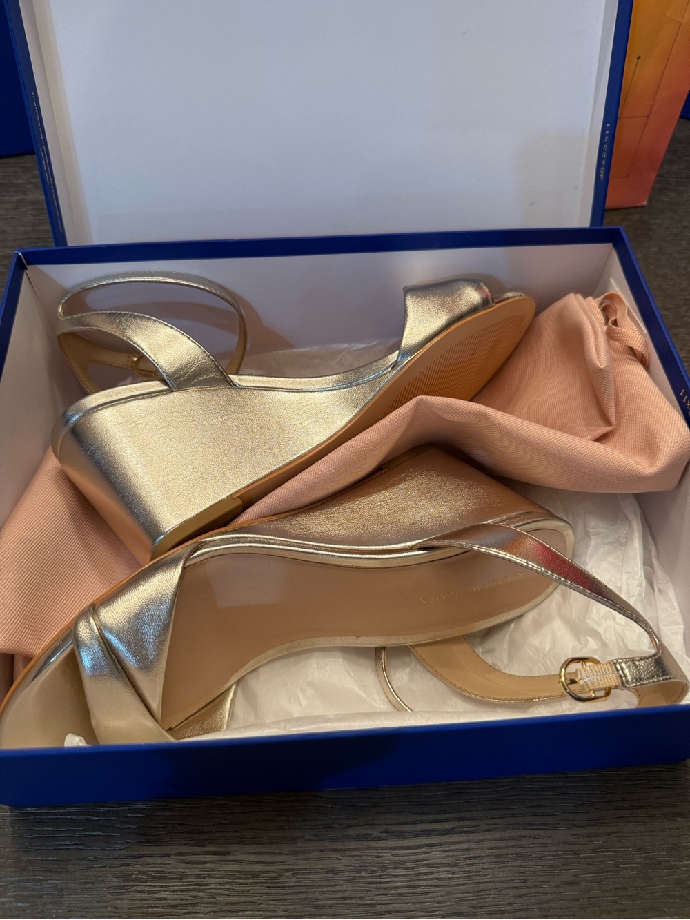 Stuart Weitzman Metallic Gold Ankle-Strap Wedge Espadrilles - Picture 2 of 8